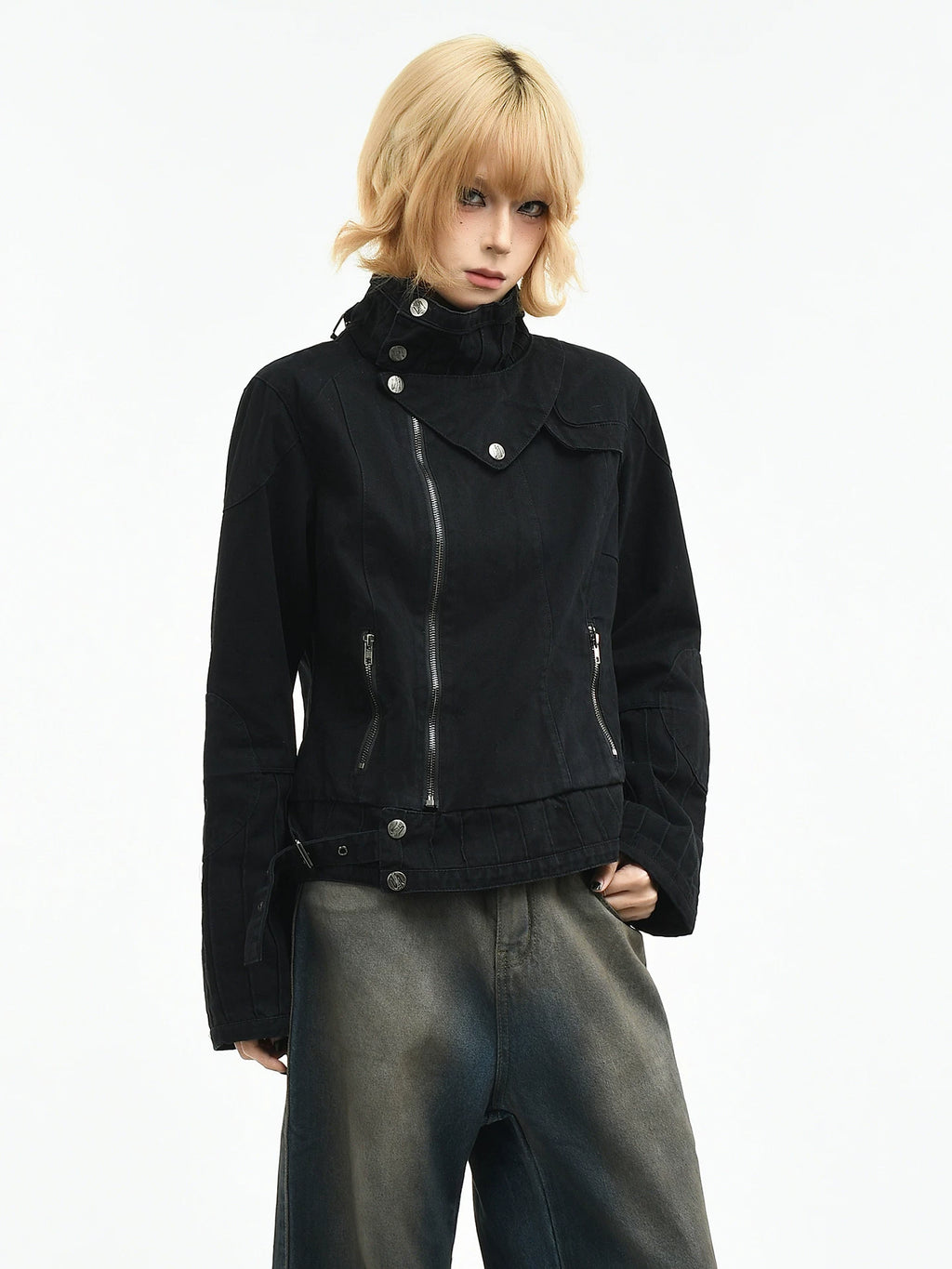 OV original American punk rivet distressed washed stand up collar jacket for women in spring Abi style short motorcycle jacket trend