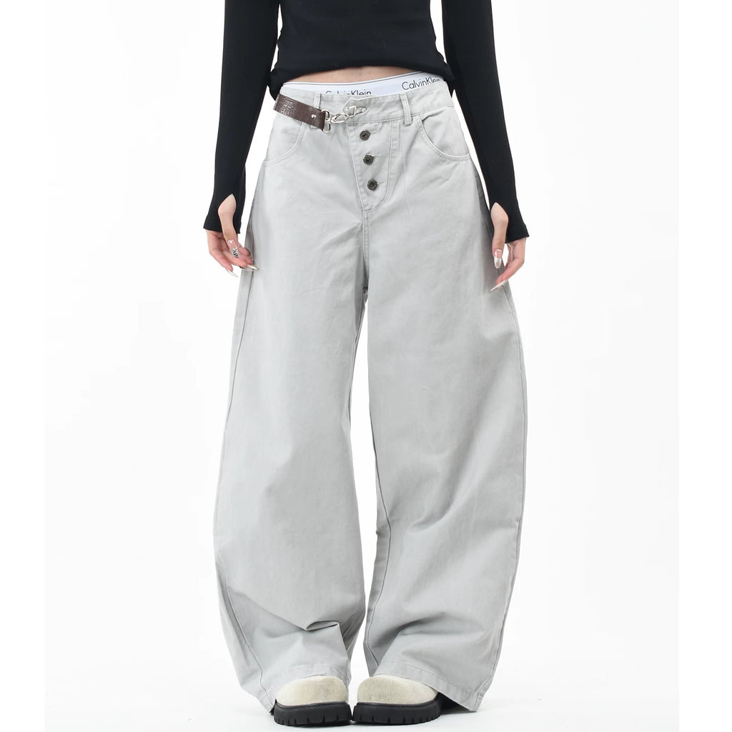 OV original American retro buckle design washed work pants for men and women niche design loose wide leg casual pants