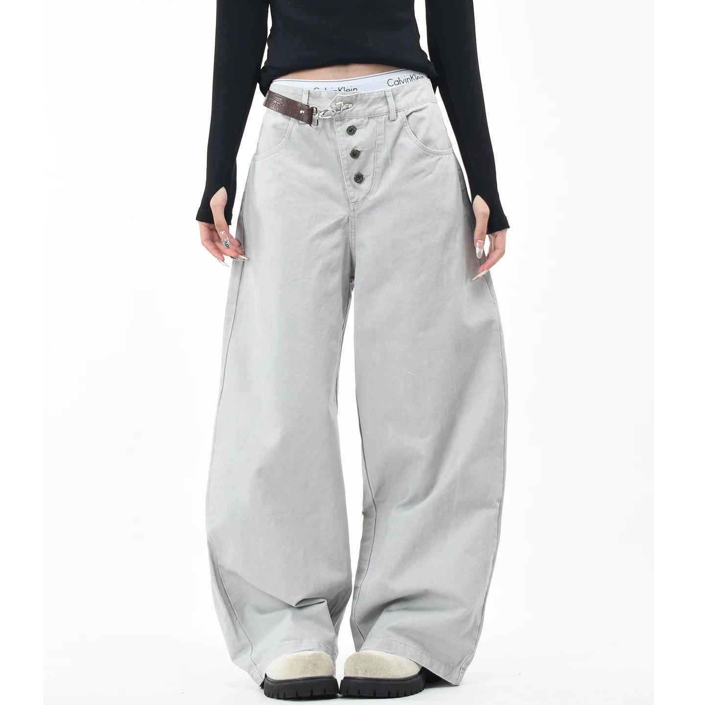 OV original American retro buckle design washed work pants for men and women niche design loose wide leg casual pants