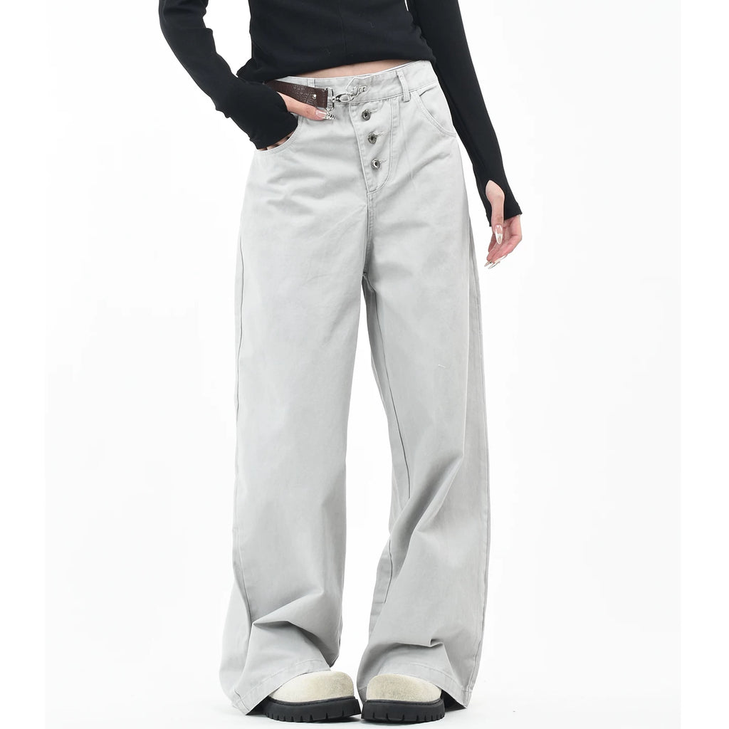 OV original American retro buckle design washed work pants for men and women niche design loose wide leg casual pants