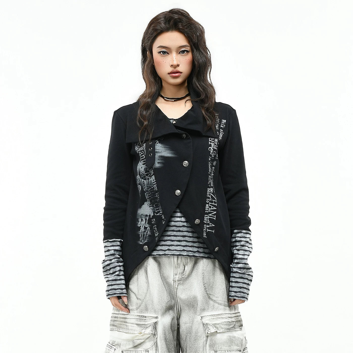 OV Original/Subcultural Stripe Fake Two Piece Splicing Long Sleeve T-shirt for Women's Autumn Slimming Short Style Stacked Trendy Brand Top