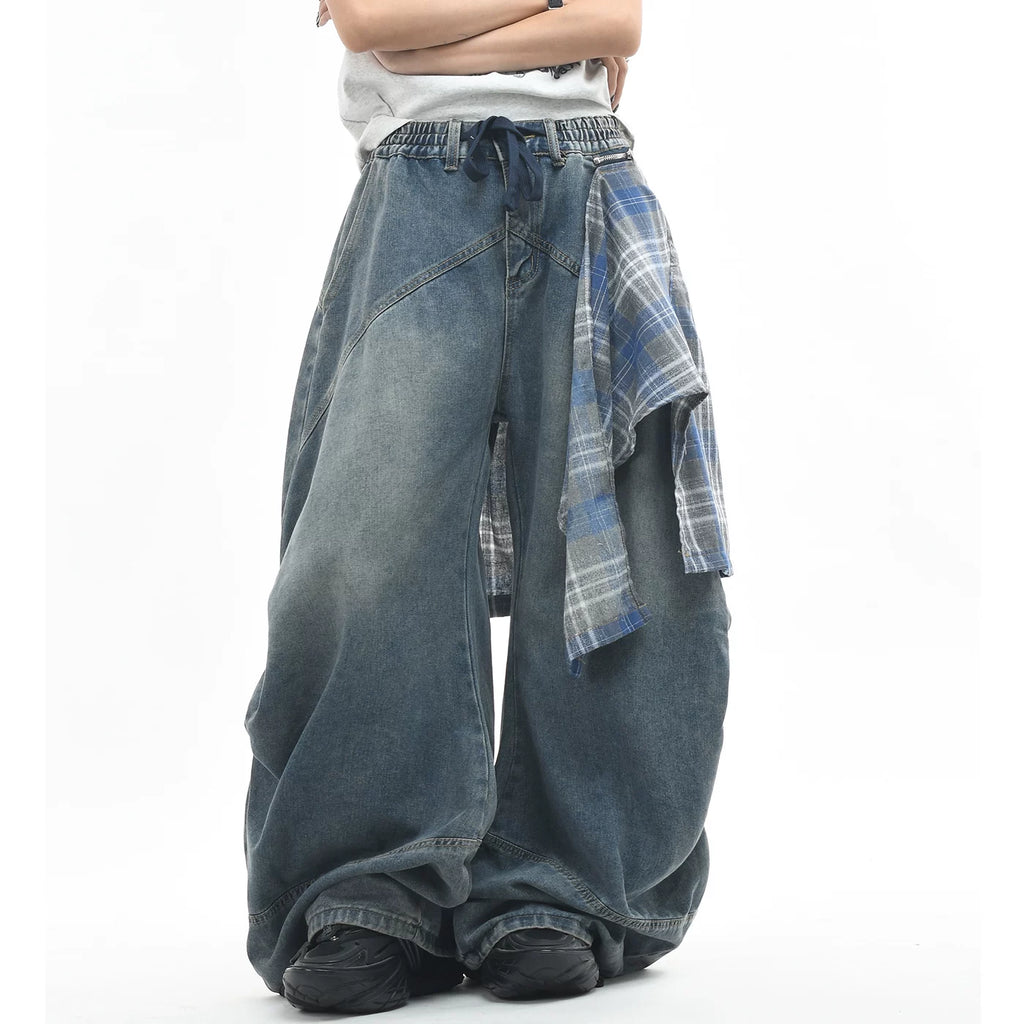 OV original American plaid fart curtain, detachable and layered jeans for men and women, loose and wide leg pleats, worn pants, trendy