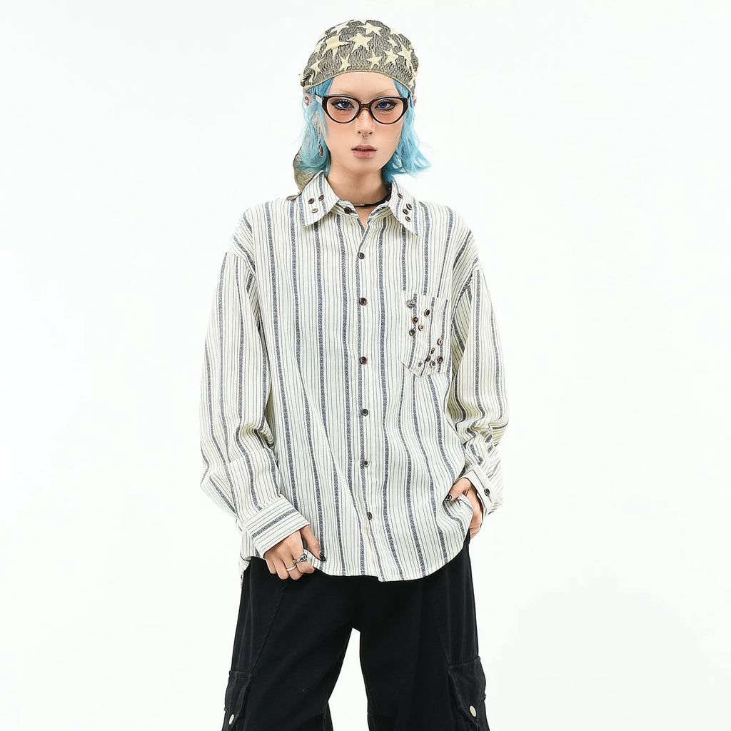 OV original retro striped contrasting yuppie long sleeved shirt for men and women in autumn, loose and irregular button design shirt trend