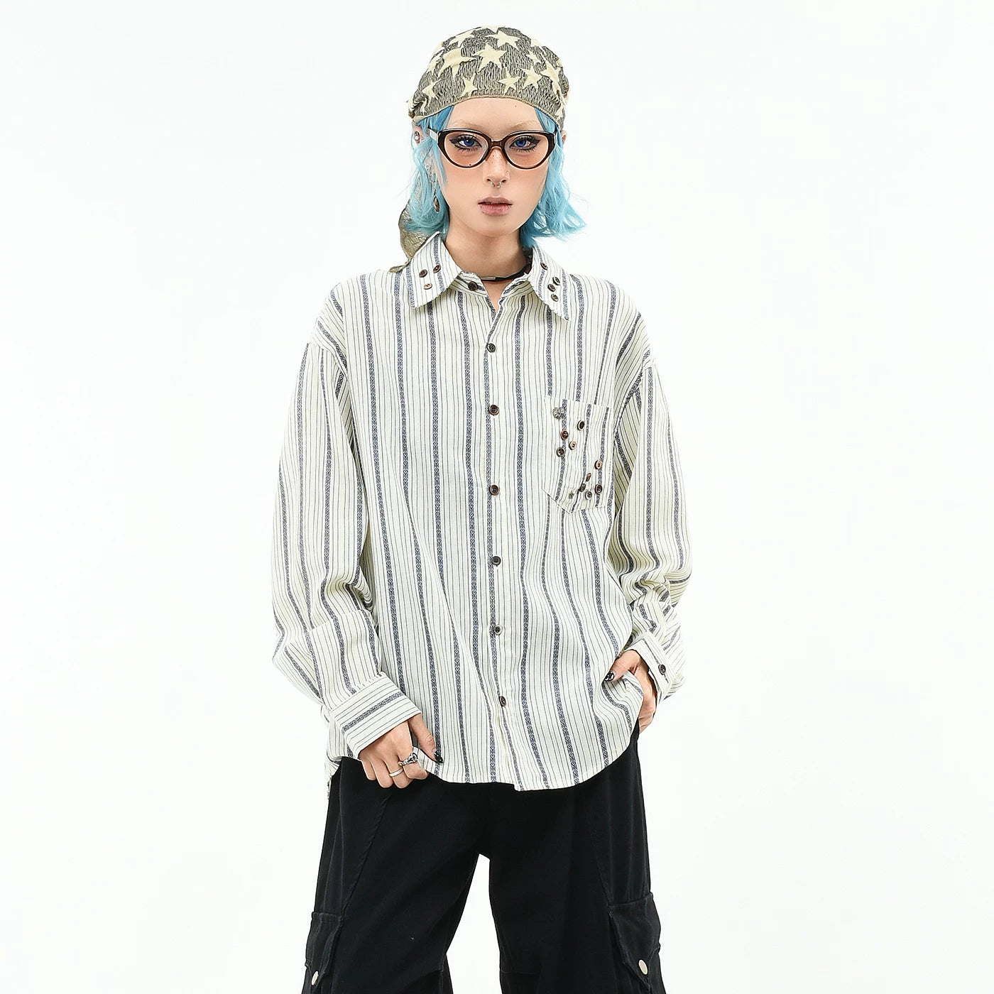 OV original retro striped contrasting yuppie long sleeved shirt for men and women in autumn, loose and irregular button design shirt trend