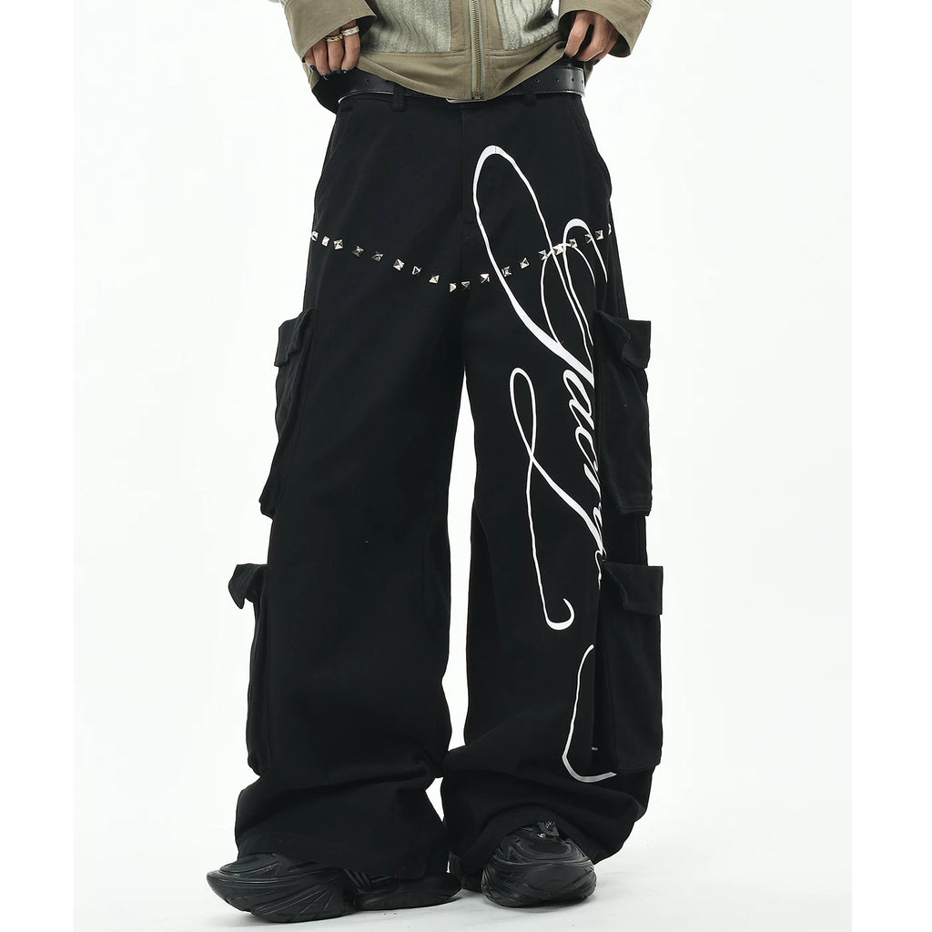 OV Original American Shaped Riveted Multi Pocket Work Pants for Men and Women, Street Loose Wide Leg Trendy Brand Casual Long Pants
