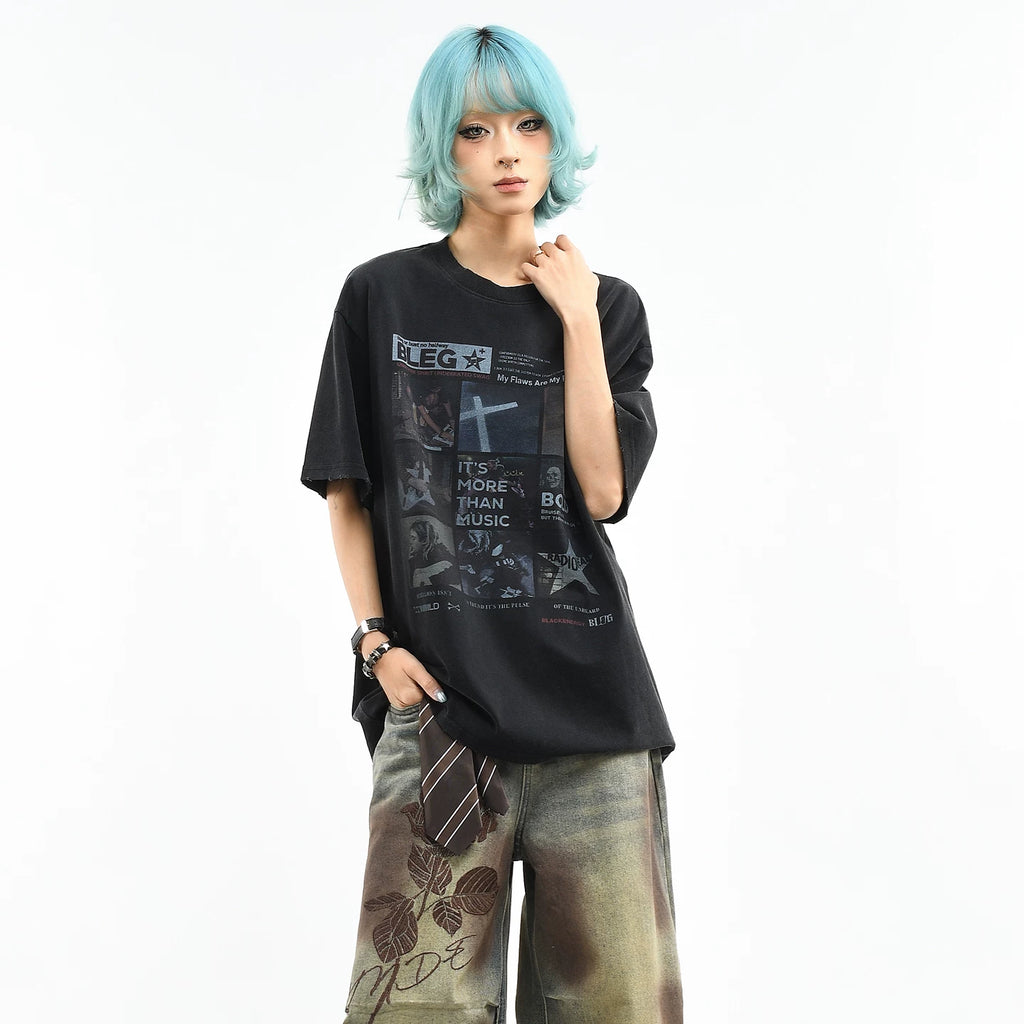 OV original/American rock character printed short sleeved T-shirt for women in summer, loose and vintage trendy brand high street style top for men