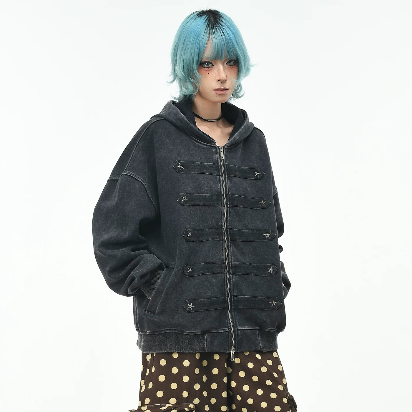 OV original light Asian style pork rib rivet made old hooded sweatshirt for women, autumn street loose zipper cardigan jacket for men