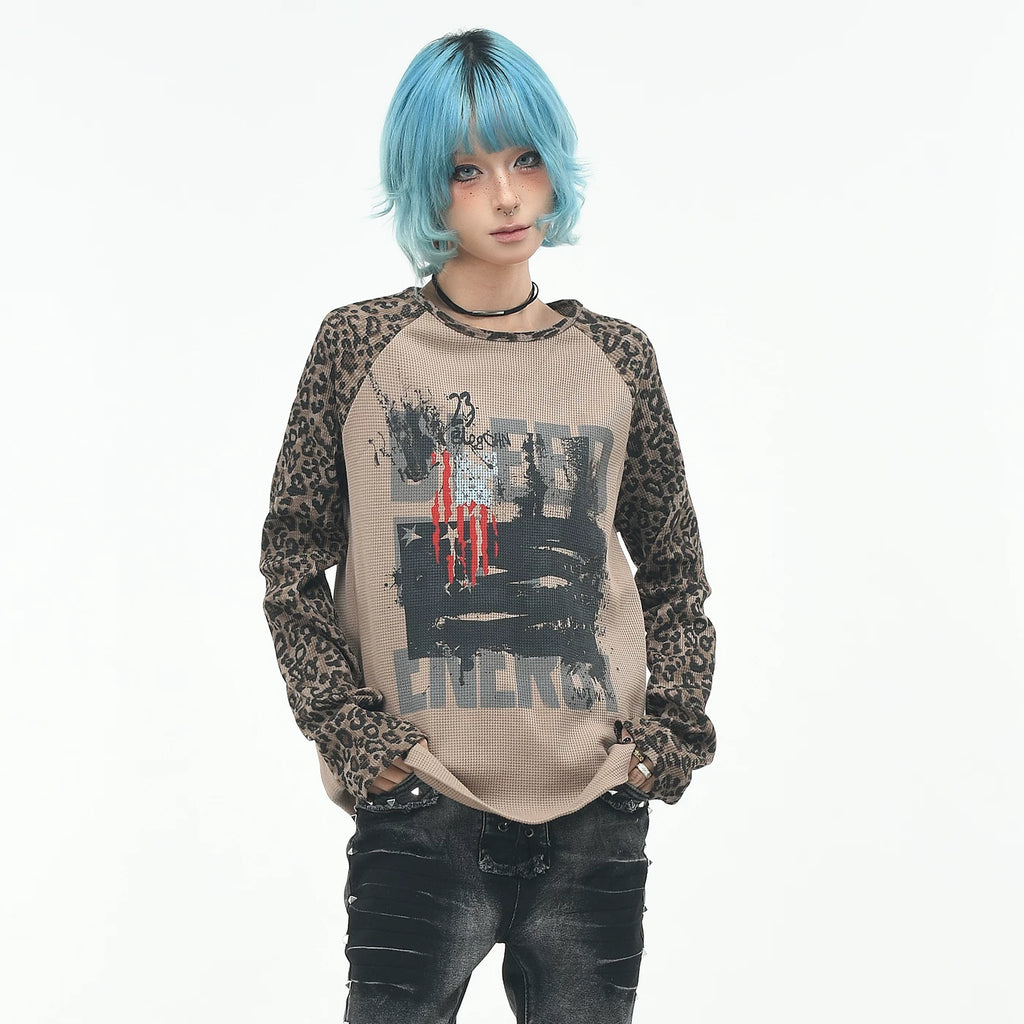 OV original/American leopard print contrasting short long sleeved T-shirt for men and women in autumn subculture loose waffle top trend