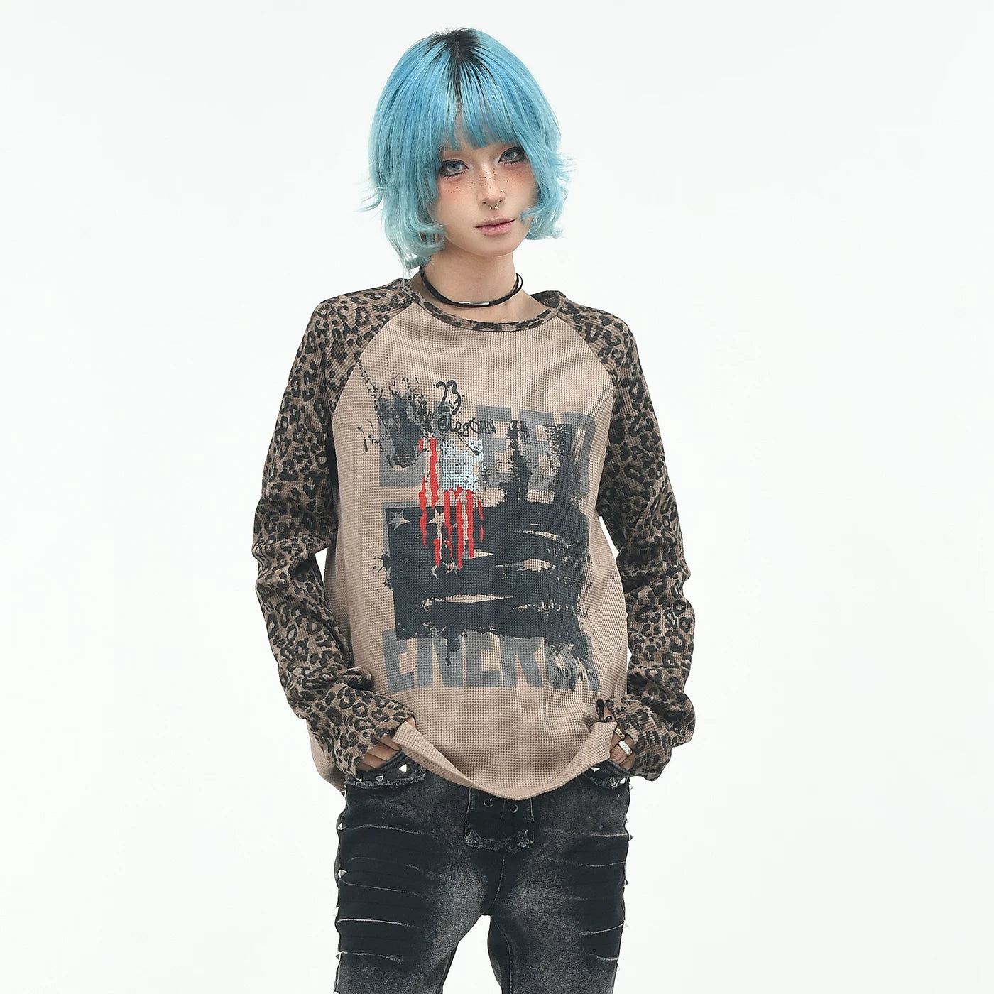 OV original/American leopard print contrasting short long sleeved T-shirt for men and women in autumn subculture loose waffle top trend