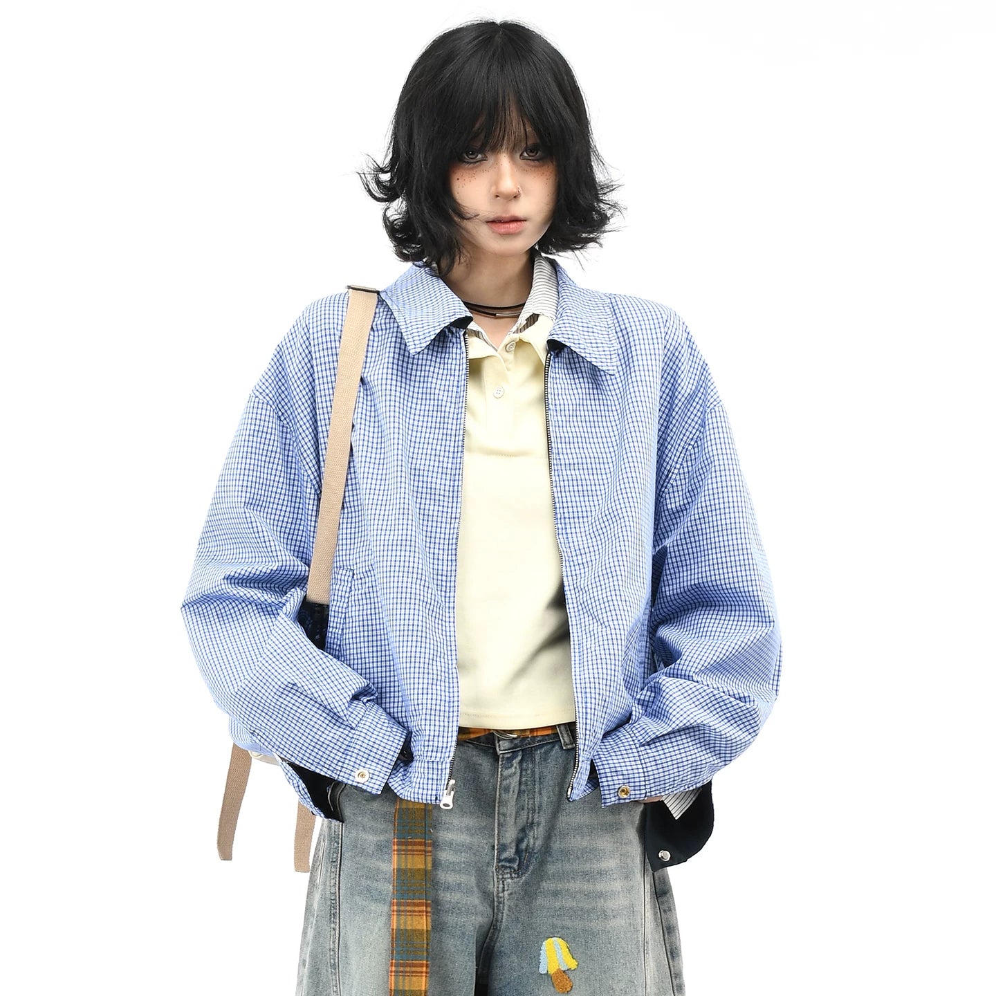 OV original American retro plaid double-sided jacket for men and women in autumn, small and loose casual short jacket trend