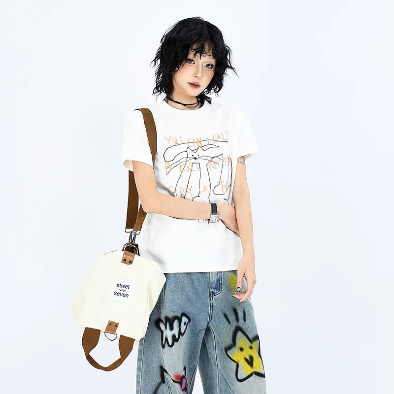 OV Original/Summer American Fun Long Leg Cat Printed Short Sleeve T-shirt for Women Solona Cool Shoulder Top Trendy