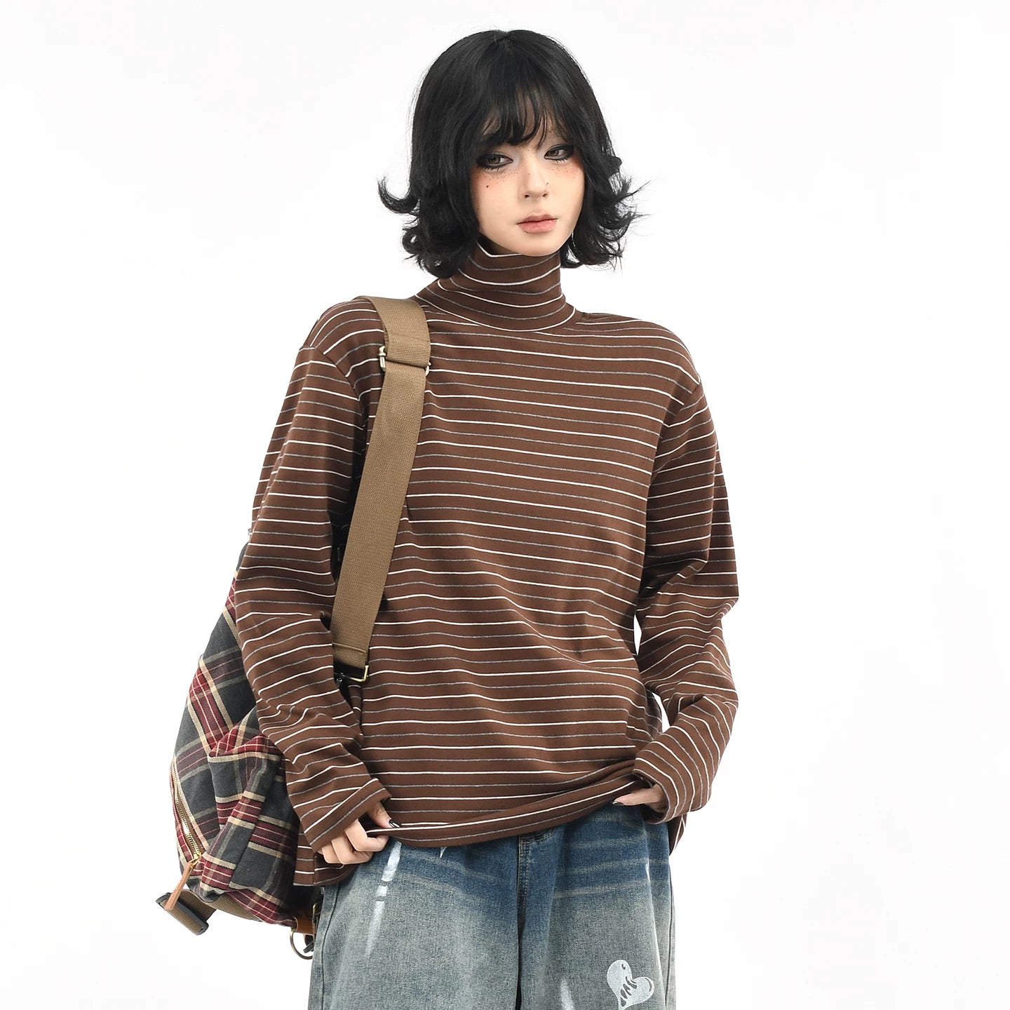 OV Original/American Money Style Striped High Collar Long Sleeve T-shirt for Men and Women in Autumn, Loose and Versatile Bottom Shirt, Top Trendy