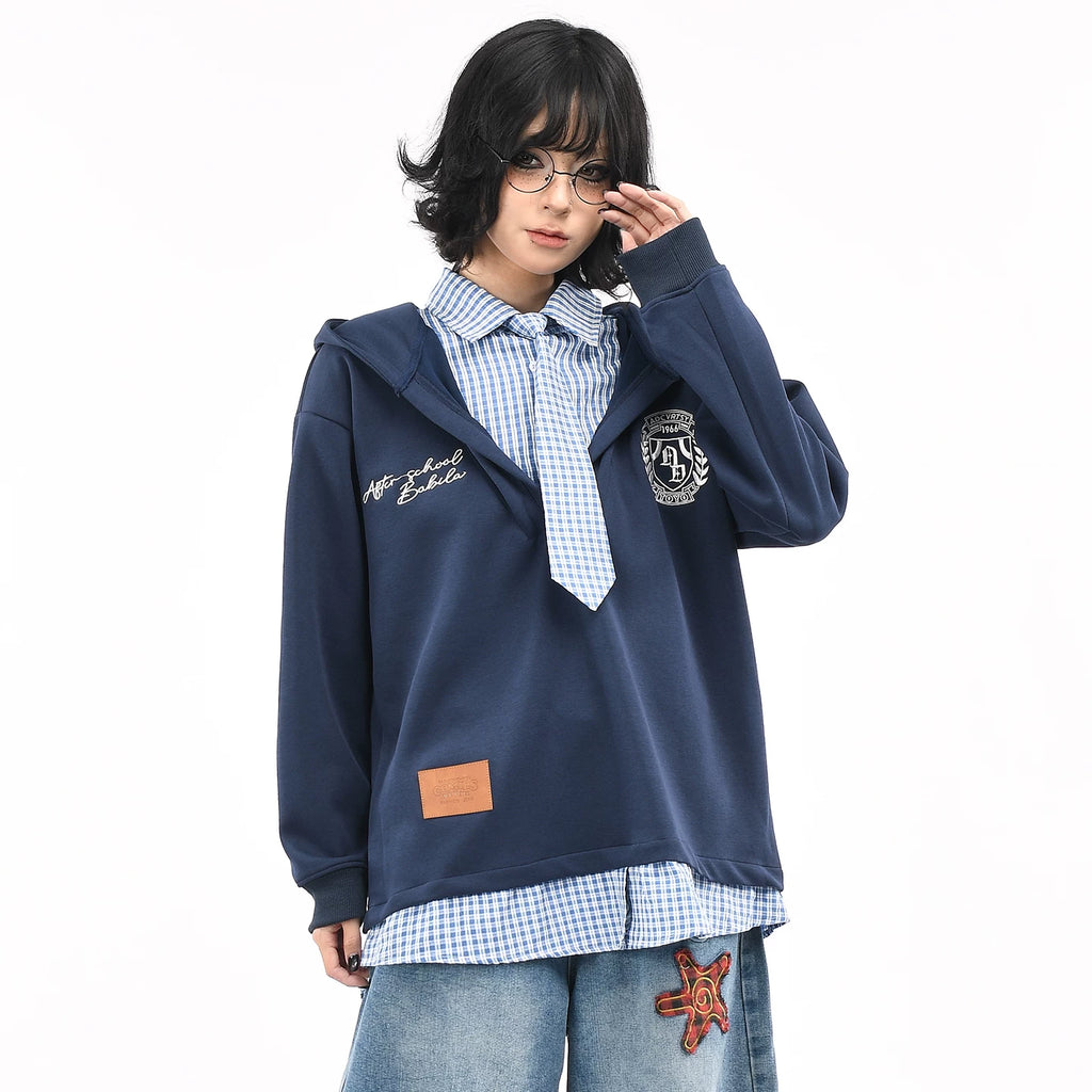 OV original American plaid fake two-piece spliced tie hooded sweatshirt for men and women, autumn college style casual jacket trendy