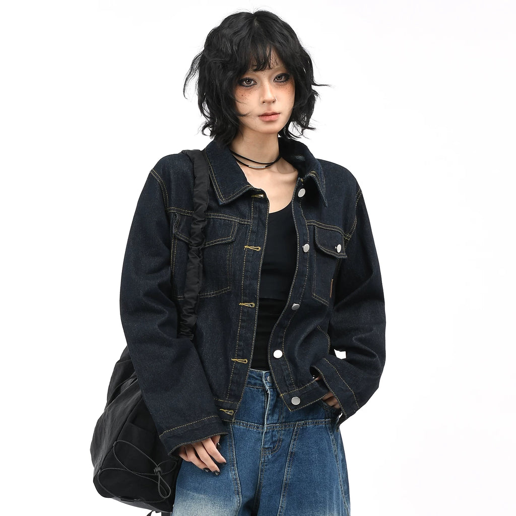 OV original American retro washed original color denim jacket for women, short and loose autumn casual jacket trend