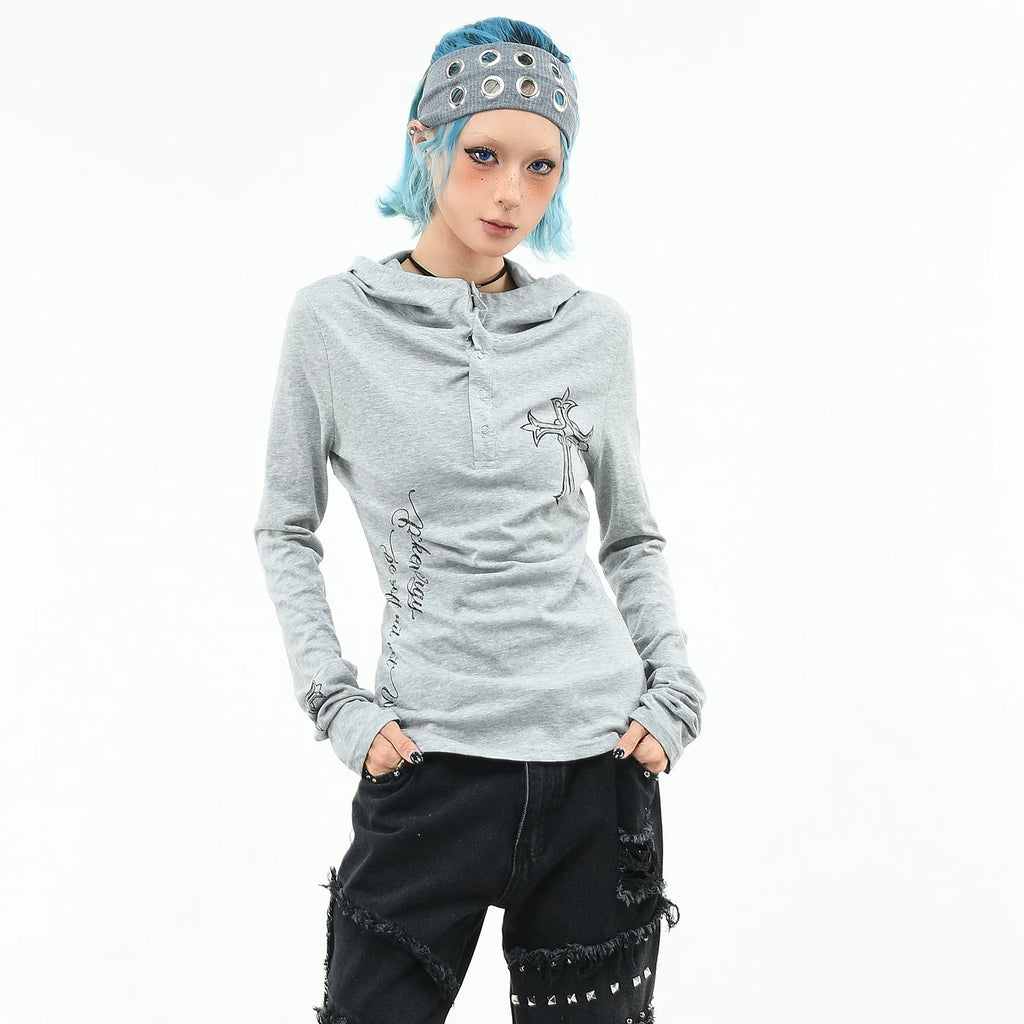 OV original/subculture Henry collar hooded long sleeved T-shirt for women's autumn slim fit short cross print top trend
