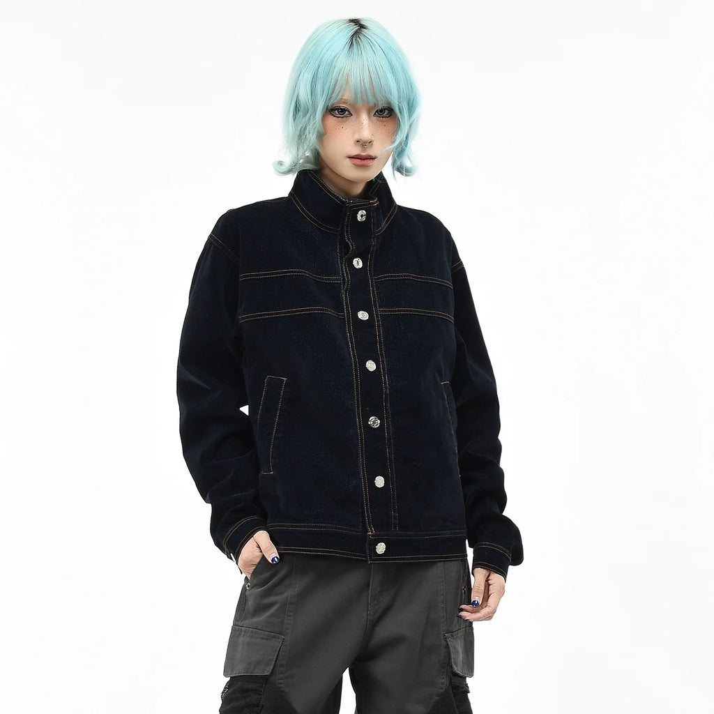 OV Original American Retro Suede Design Denim Jacket for Men and Women in Autumn, Loose Short, Clear Line Stand up Collar, Trendy