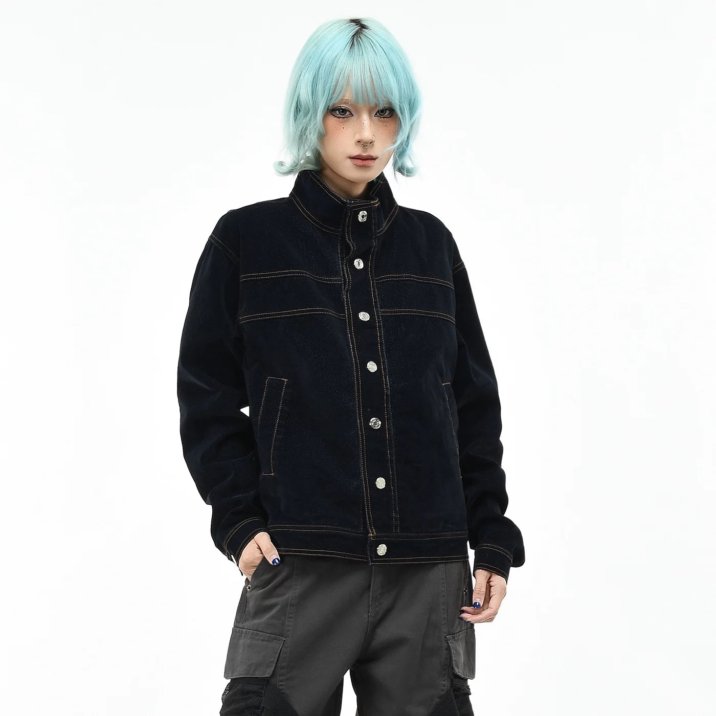 OV Original American Retro Suede Design Denim Jacket for Men and Women in Autumn, Loose Short, Clear Line Stand up Collar, Trendy