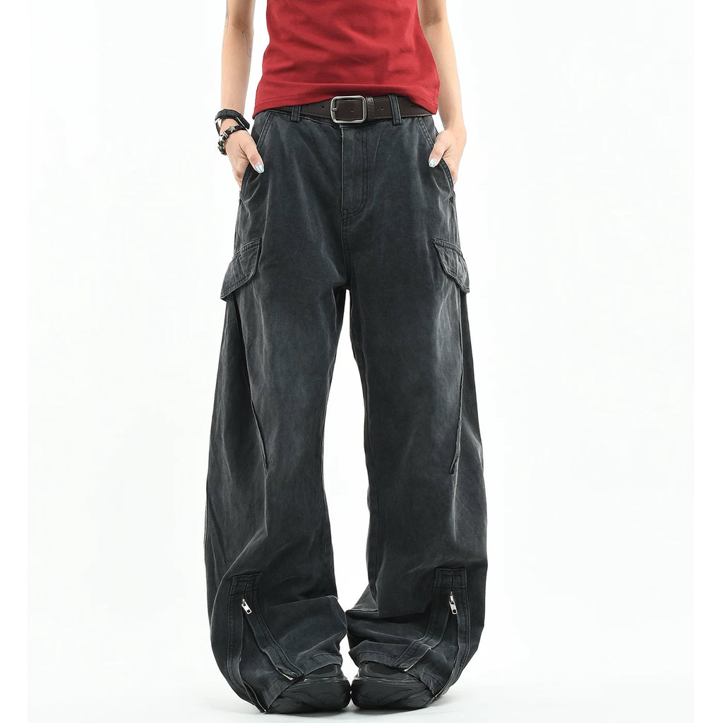 OV original American functional deconstruction splicing to make old washed casual pants for men and women loose wide leg pleated work pants trendy