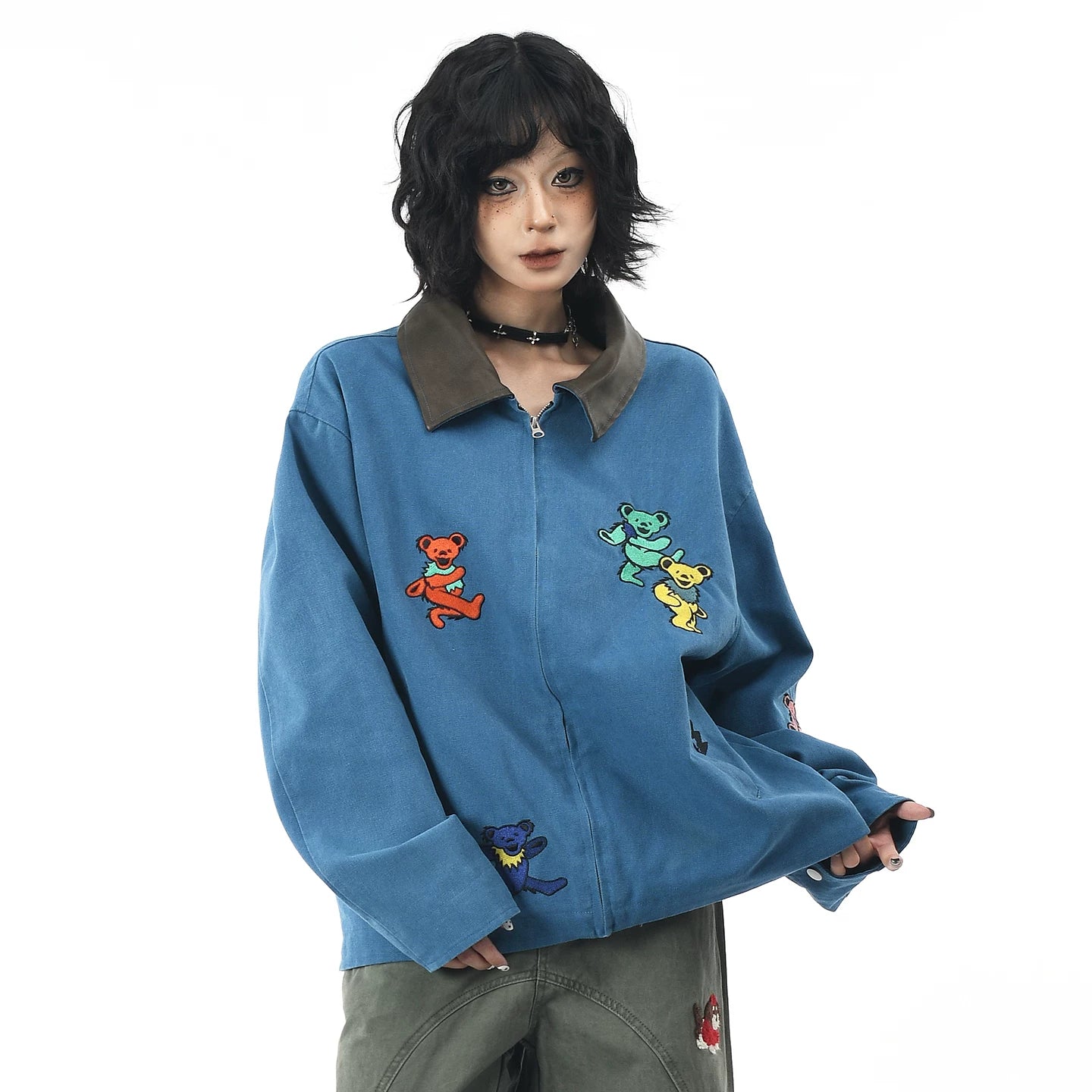 OV original American dance teddy bear embroidered washed workwear jacket for men and women, autumn loose casual lapel jacket trendy