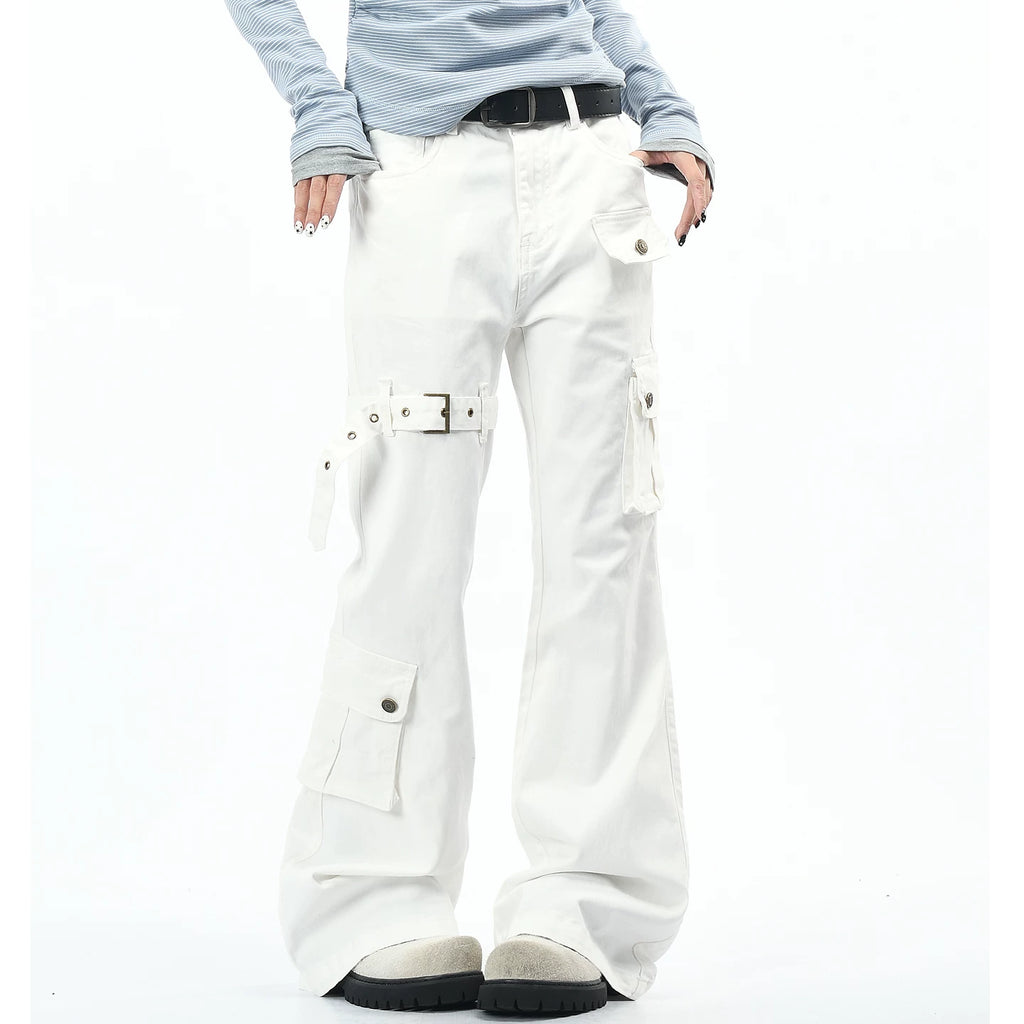 OV original American subculture multi pocket work pants with loose strap design for men and women, slim and casual, slightly flared pants trend