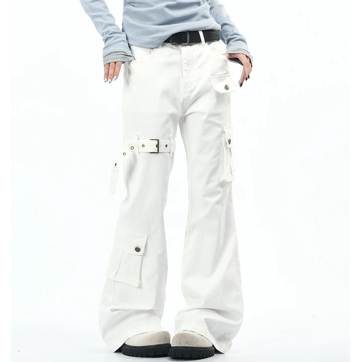 OV original American subculture multi pocket work pants with loose strap design for men and women, slim and casual, slightly flared pants trend