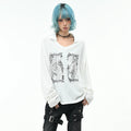OV original American Death Angel print V-neck long sleeved T-shirt for men and women in autumn, loose subculture, lapel top trend