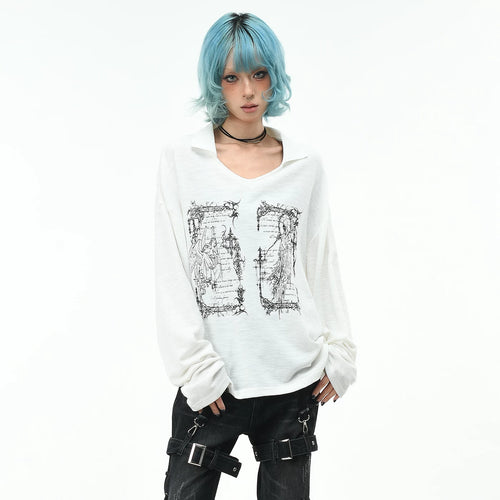 OV original American Death Angel print V-neck long sleeved T-shirt for men and women in autumn, loose subculture, lapel top trend