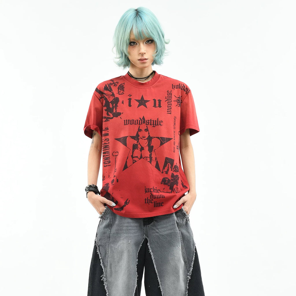 OV original/street light Asian style figure printed short sleeved T-shirt for women in summer, loose, vintage, trendy, cool shoulder top for men