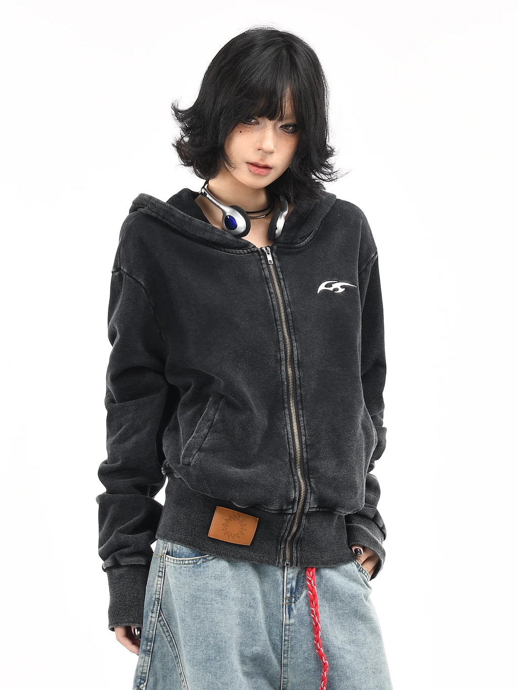 OV original American vintage washed widened thread short hooded sweatshirt for women in autumn, slimming down and waist cinching cardigan jacket
