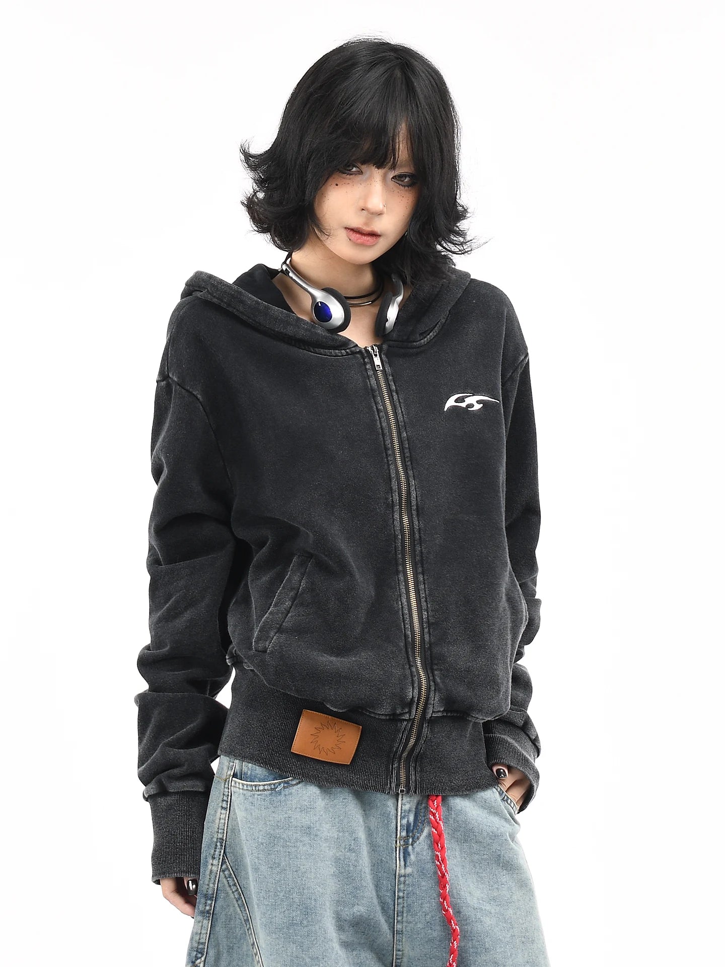 OV original American vintage washed widened thread short hooded sweatshirt for women in autumn, slimming down and waist cinching cardigan jacket