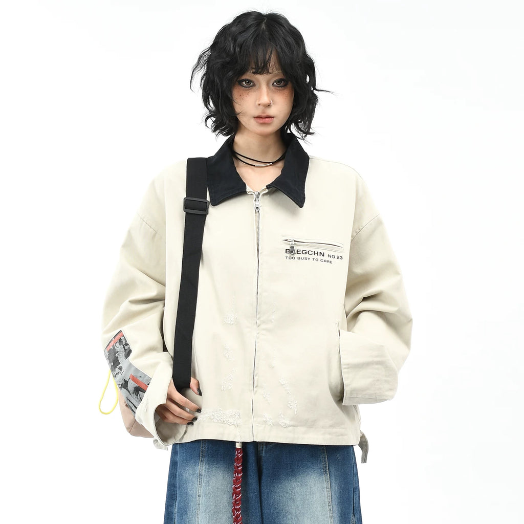 OV original American retro character patch embroidered washed workwear jacket for men and women, autumn street short and wide casual jacket