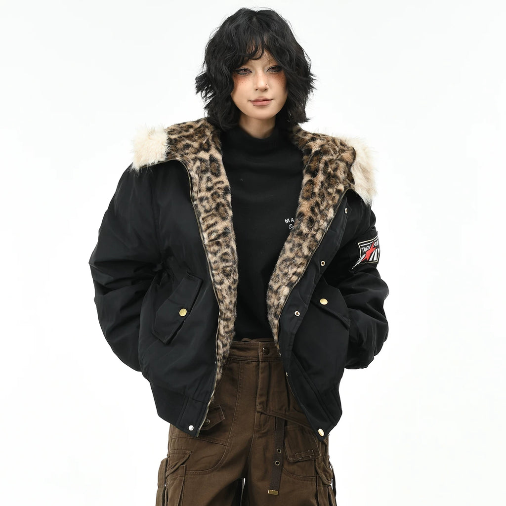 OV original American leopard print mountain carved fur collar hooded cotton jacket for women in winter, loose fitting cotton jacket for men, flying cotton jacket