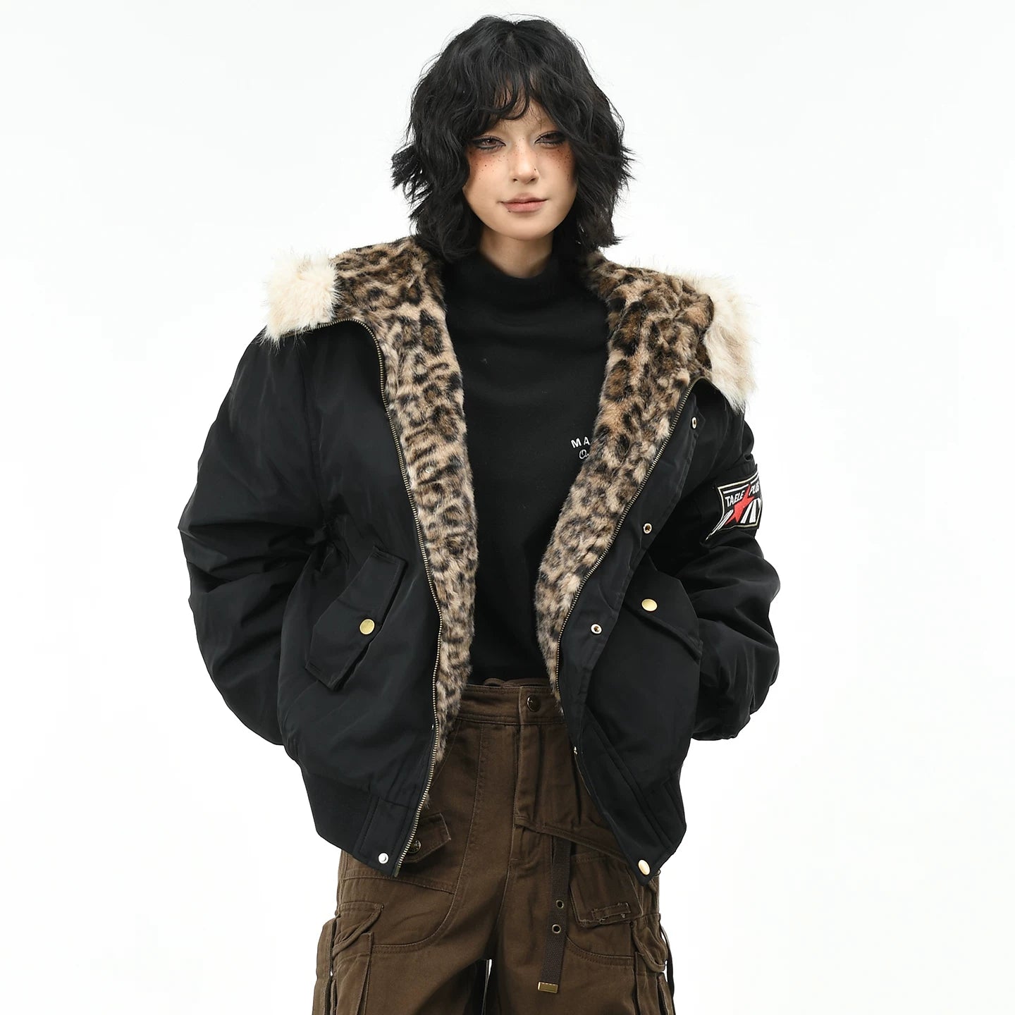 OV original American leopard print mountain carved fur collar hooded cotton jacket for women in winter, loose fitting cotton jacket for men, flying cotton jacket