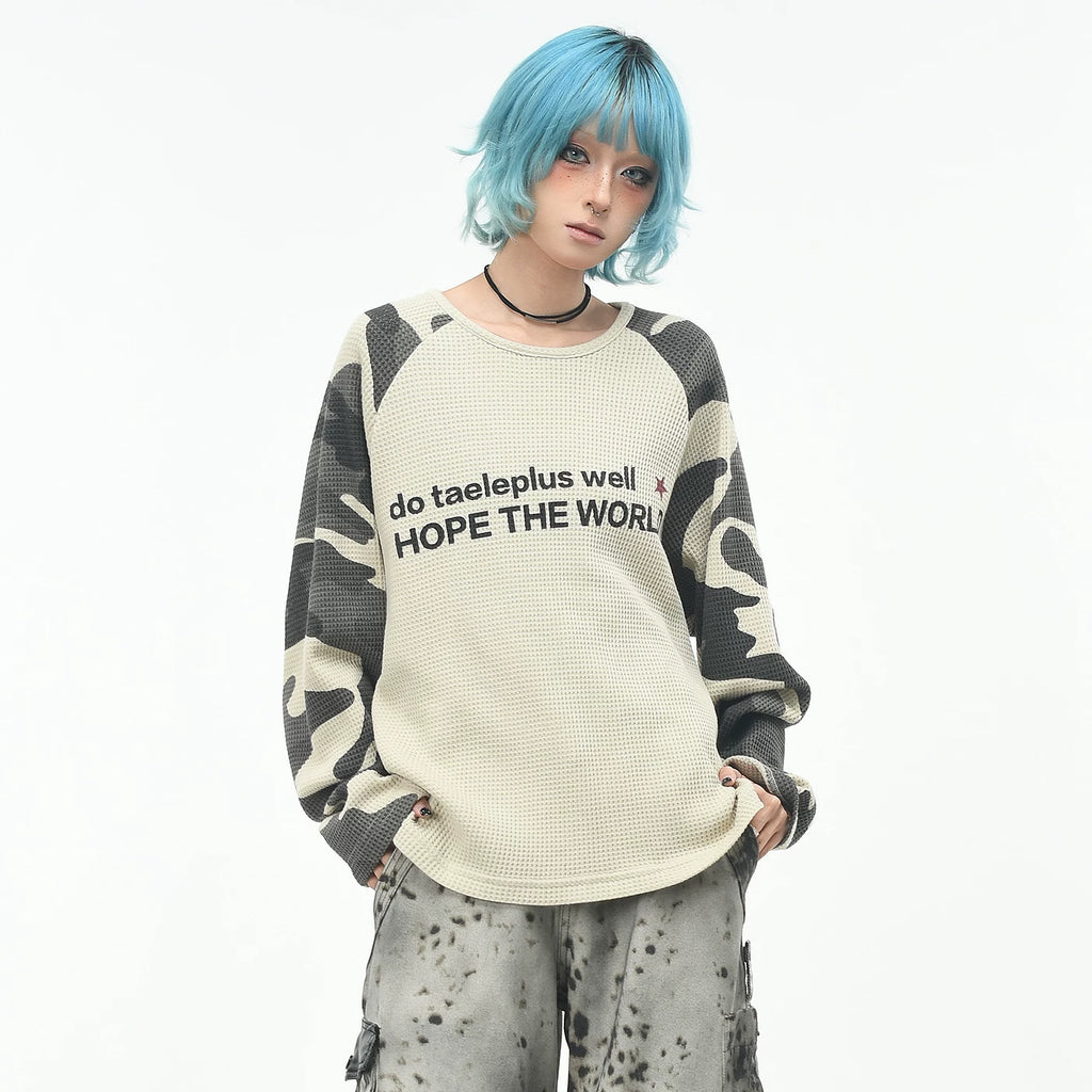OV original/American camouflage raglan sleeve contrasting long sleeved T-shirt for men and women in autumn Boxy short and wide waffle top trend