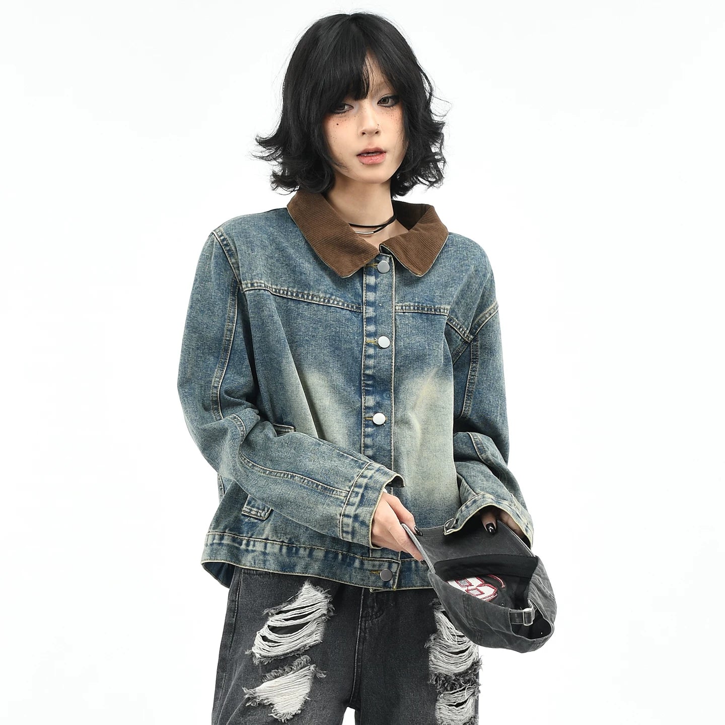 OV original American retro patchwork washed denim jacket for women in autumn, stylish and straight shoulder short loose jacket