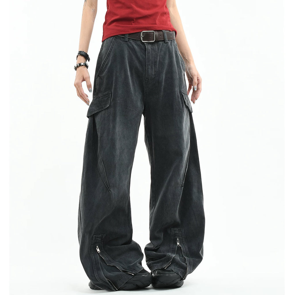 OV original American functional deconstruction splicing to make old washed casual pants for men and women loose wide leg pleated work pants trendy