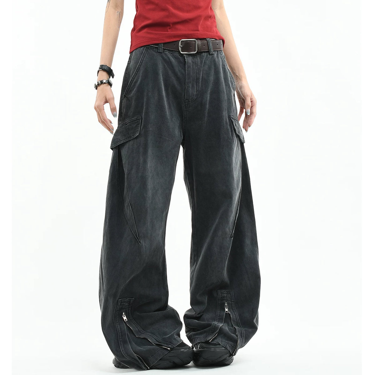 OV original American functional deconstruction splicing to make old washed casual pants for men and women loose wide leg pleated work pants trendy