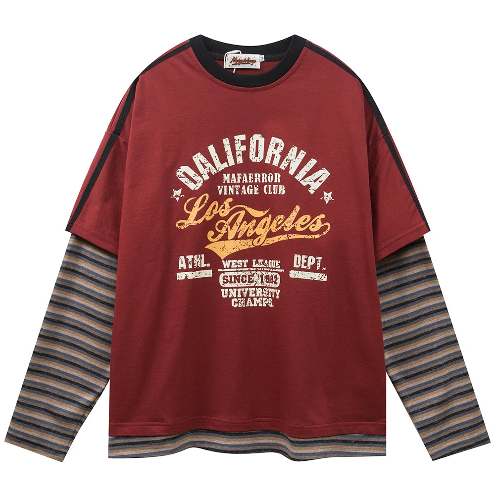 OV Original/Spring New American Retro Stripe Splicing Fake Two piece Long sleeved T-shirt for Men and Women Loose Couple Top