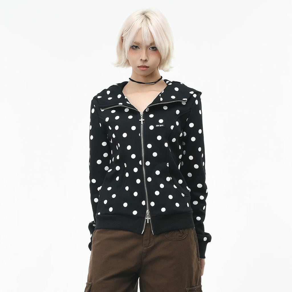 OV original Korean style polka dot print short hooded sweatshirt for women in autumn, college style, slim fit zipper cardigan jacket, trendy