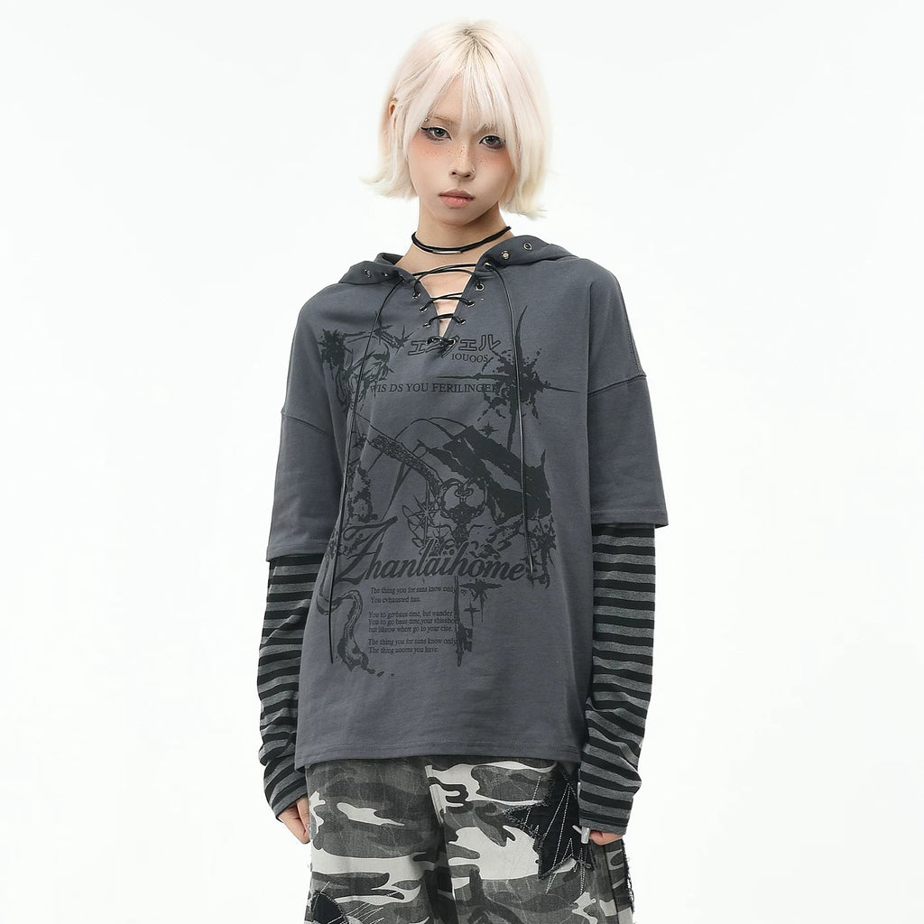 OV original high street Abi style strap V-neck long sleeved T-shirt for men and women autumn loose fitting fake two-piece spliced hooded top