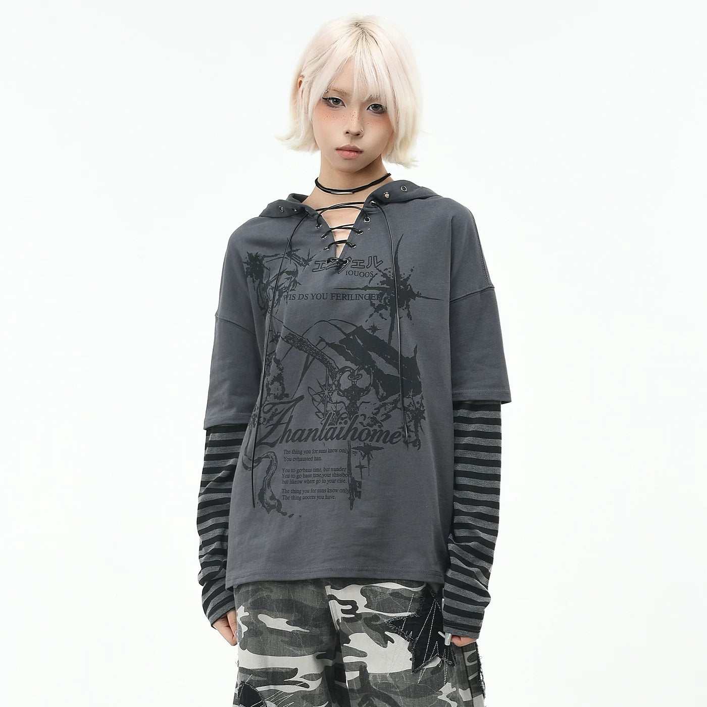 OV original high street Abi style strap V-neck long sleeved T-shirt for men and women autumn loose fitting fake two-piece spliced hooded top