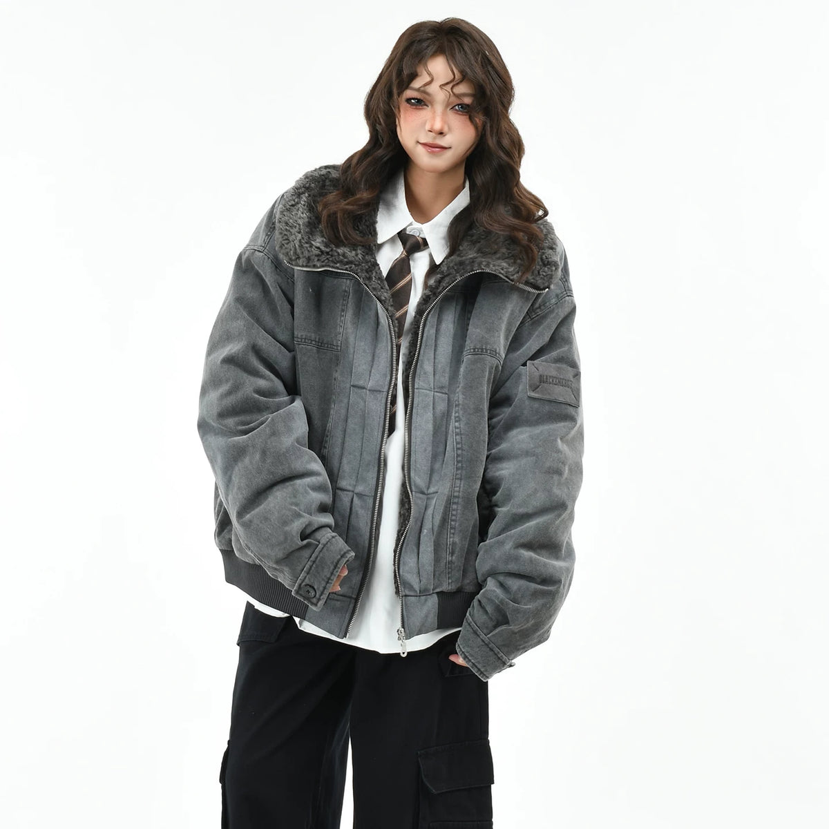 OV original American retro deconstruction silhouette, vintage denim cotton jacket for women in winter, loose and warm with thick velvet and thick coat