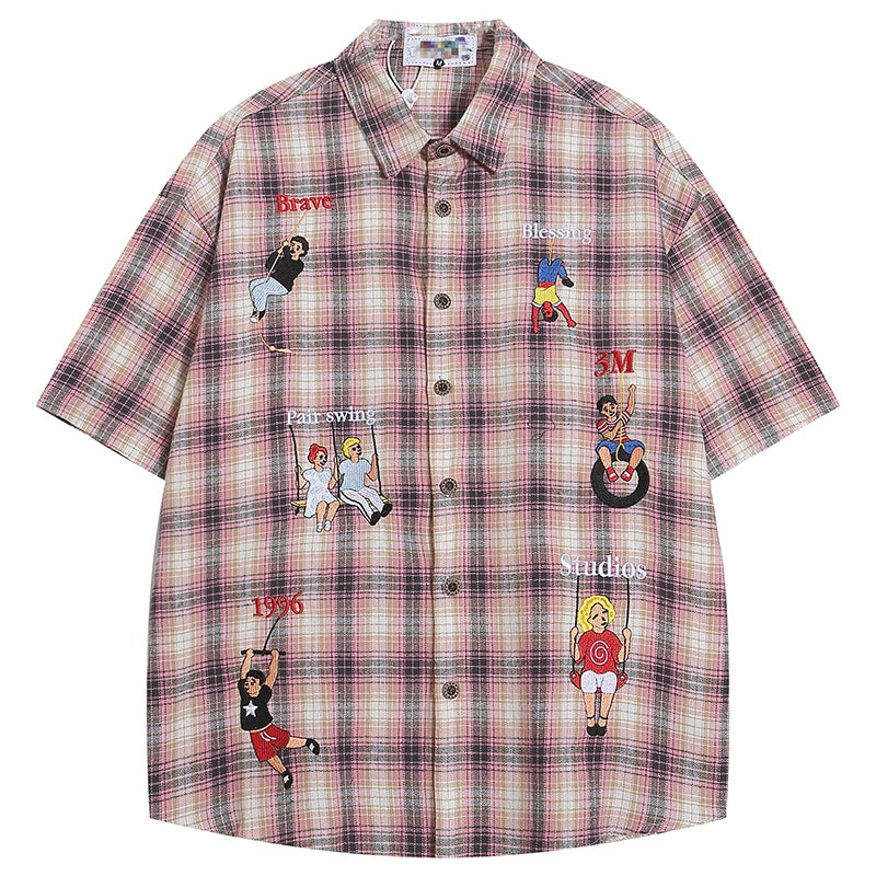 OV original summer American retro checkered cartoon embroidered short sleeved shirt for men and women, niche loose and versatile shirt trend