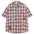 OV original summer American retro checkered cartoon embroidered short sleeved shirt for men and women, niche loose and versatile shirt trend
