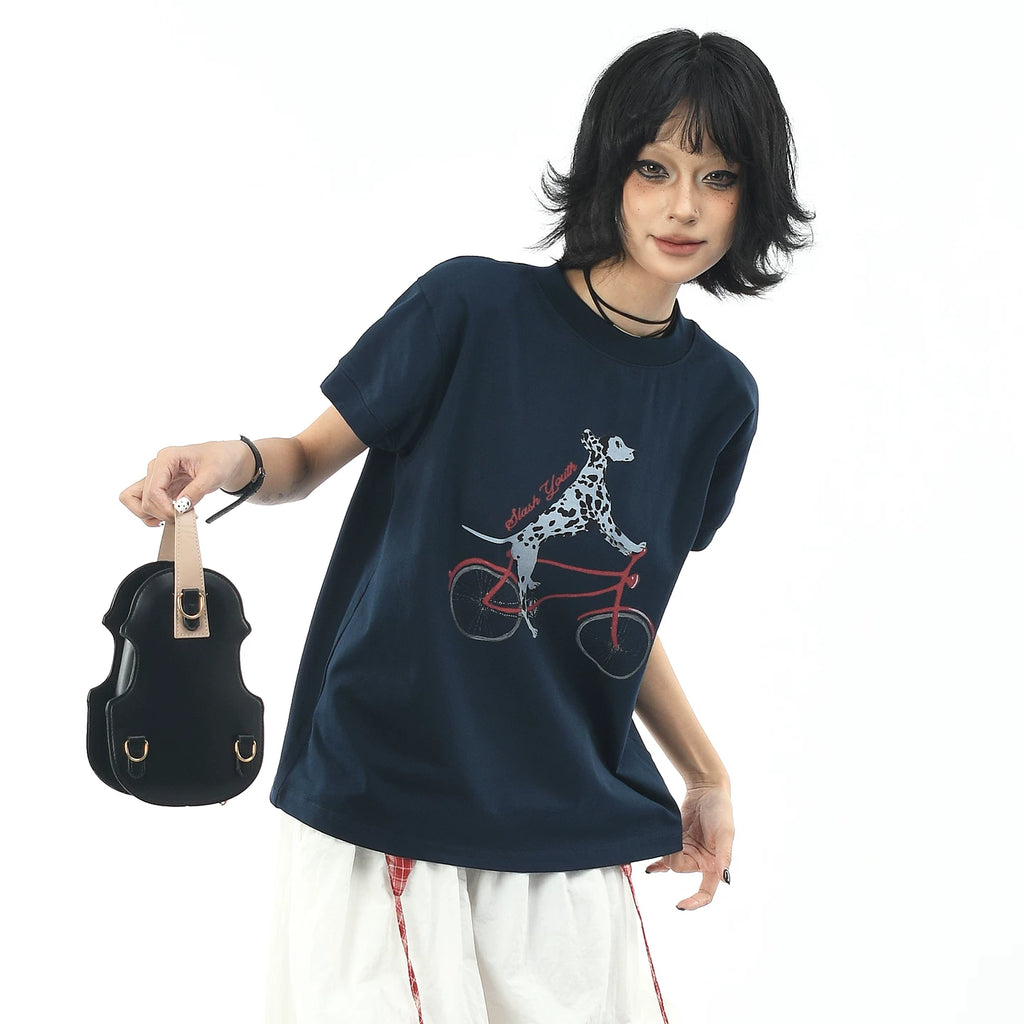 OV Original/American Fun Dog Cycling Summer Versatile Short sleeved T-shirt Women's Slim fit Shoulder Short Casual Top