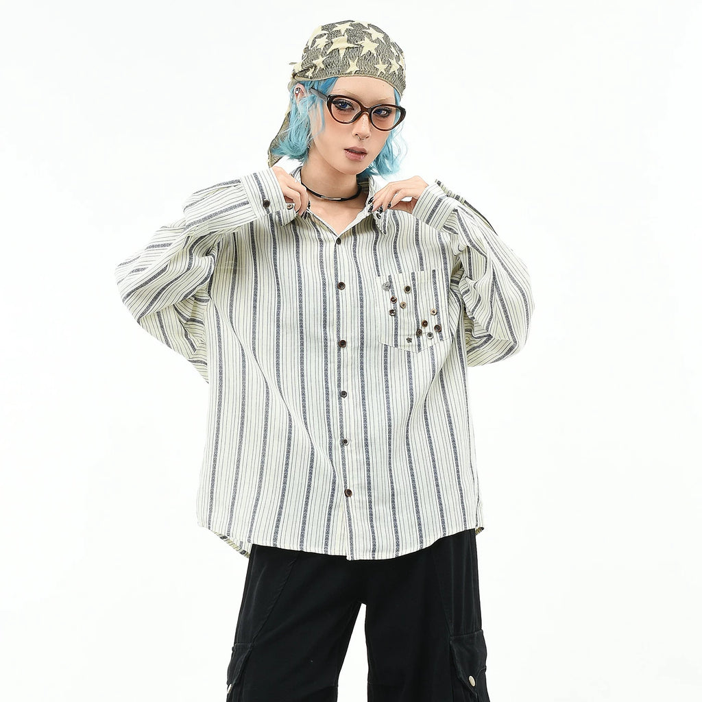 OV original retro striped contrasting yuppie long sleeved shirt for men and women in autumn, loose and irregular button design shirt trend