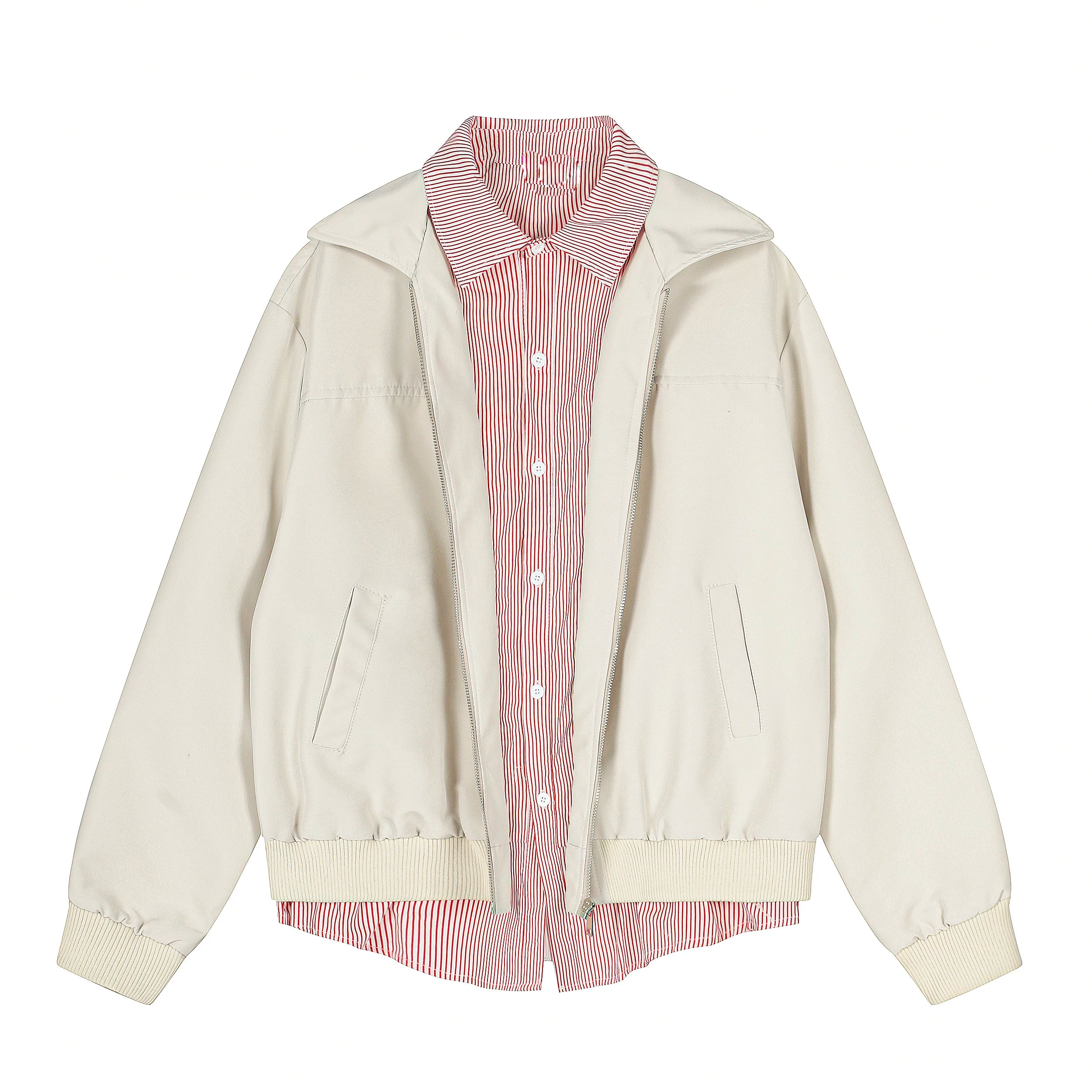 OV original American striped fake two-piece spliced lapel jacket for women, autumn street loose casual workwear jacket for men