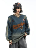 OV original/American college style V-neck washed denim hoodie for men and women, autumn loose towel embroidered retro top trend