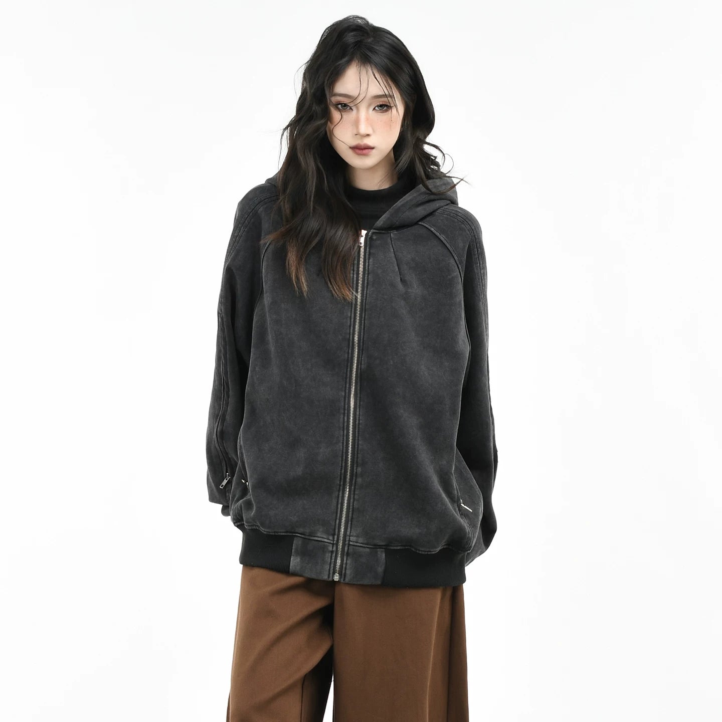 OV original American retro washed vintage hooded cardigan sweatshirt women's autumn silhouette loose casual jacket men's trend