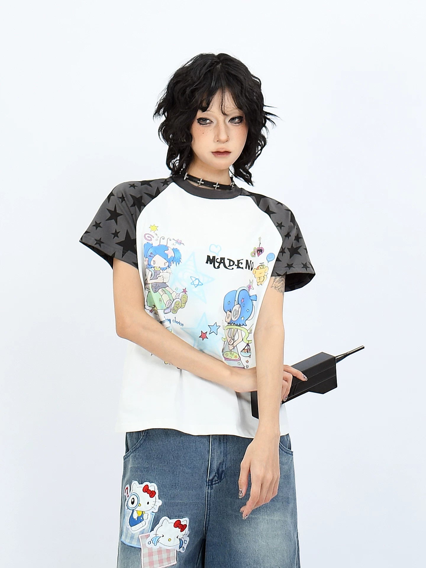 OV original American fun cartoon printed shoulder short sleeved T-shirt for women y2k with raglan sleeves and contrasting color short summer top